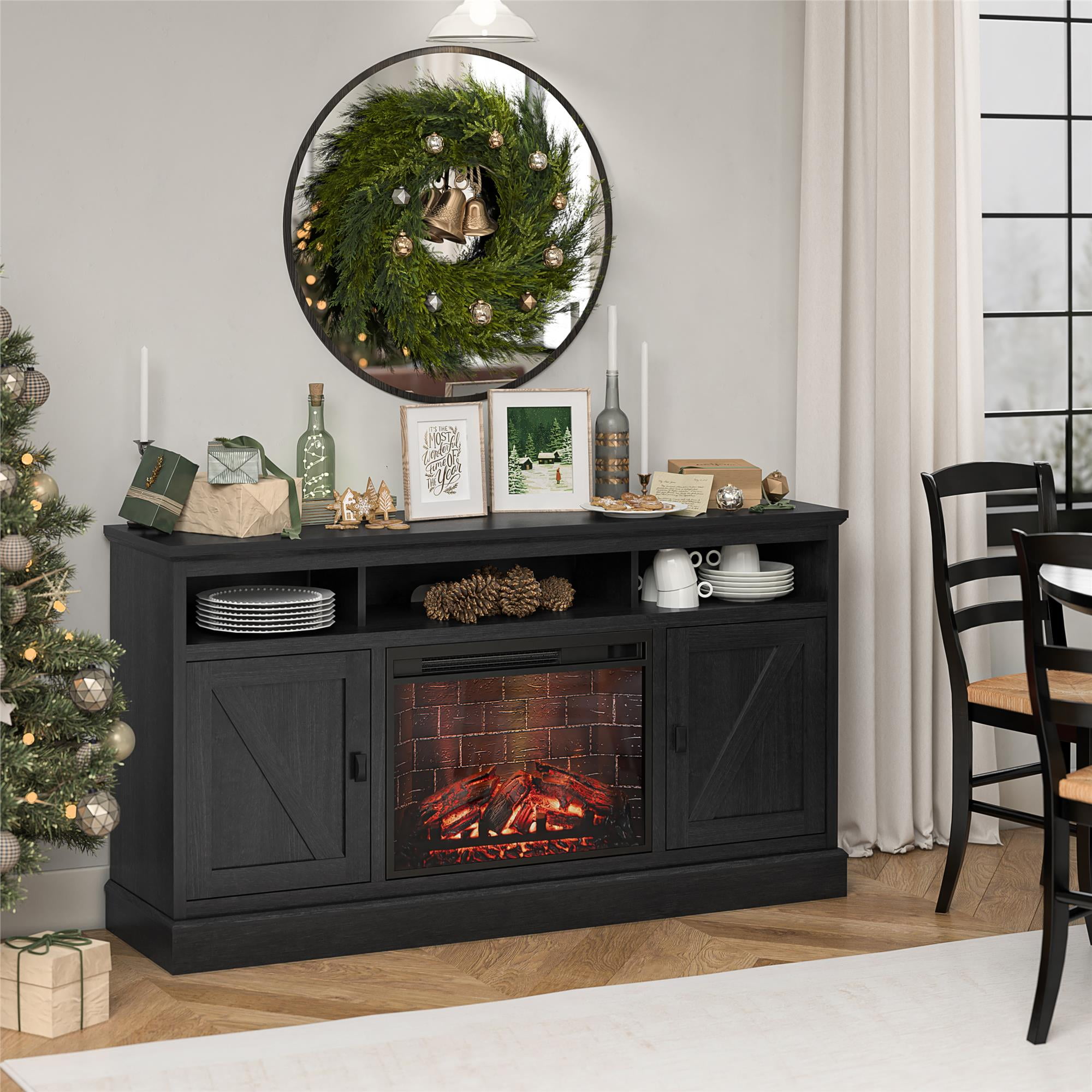 Ashton Lane Electric Fireplace TV Stand with Remote for TVs up to 65in, Black Oak