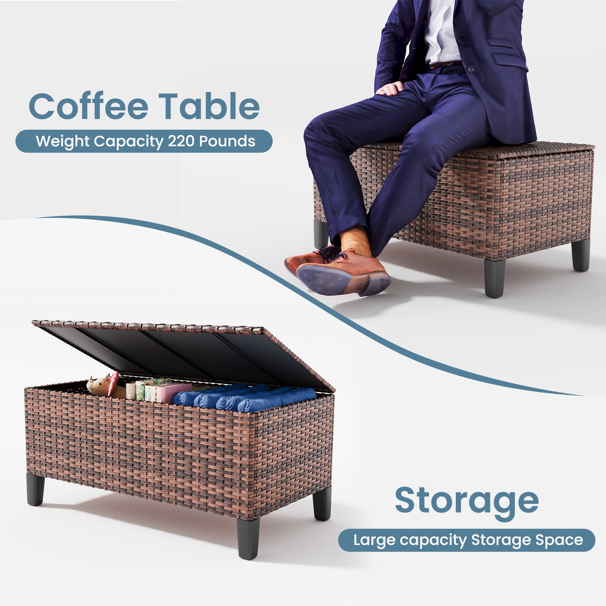 ELPOSUN Patio Furniture 10 Peces Wicker Outdoor Sectional Sofa Sets, Rattan Conversation Set with Storage Table, Swivel Chairs for Backyard, Pool, Navy（Include Waterproof Covers ）