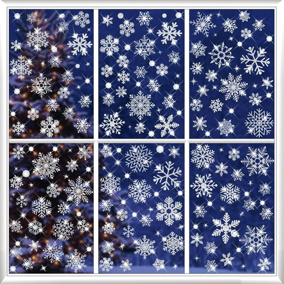 155 PCS Christmas Window Clings, Glitter Snowflake Window Clings, Christmas Window Stickers for Glass Windows, Double Sided Reusable Static Winter Clings for Christmas Window Decorations(9 Sheets)