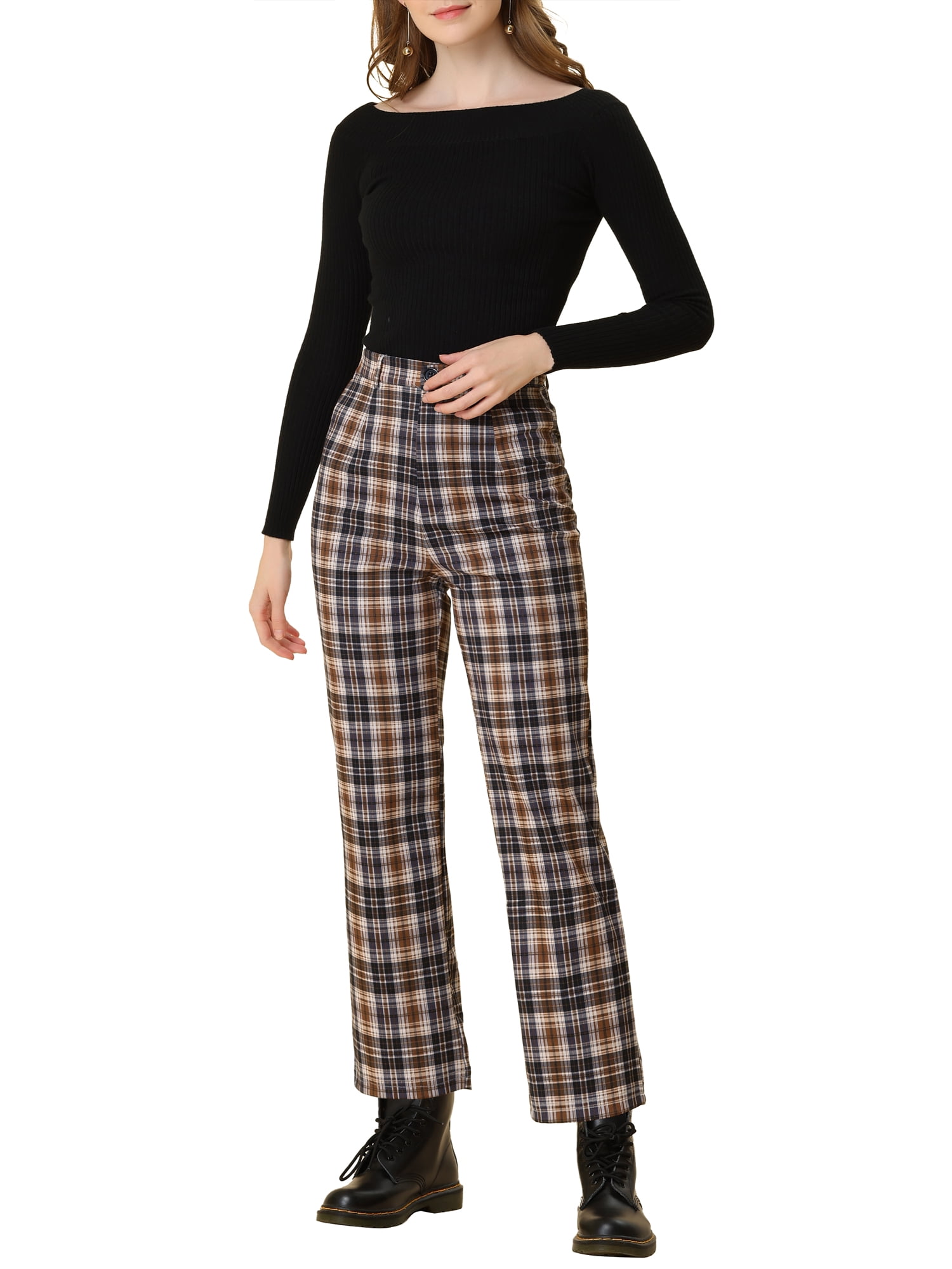 DARING DIVA Women's Plaid Trousers Button Tartan Check Work Pants M Brown