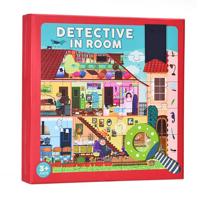 yingyy Kids House Space Exploration Jigsaw Puzzles Children's Cartoon Paper Toy with Magnifying Glass Red