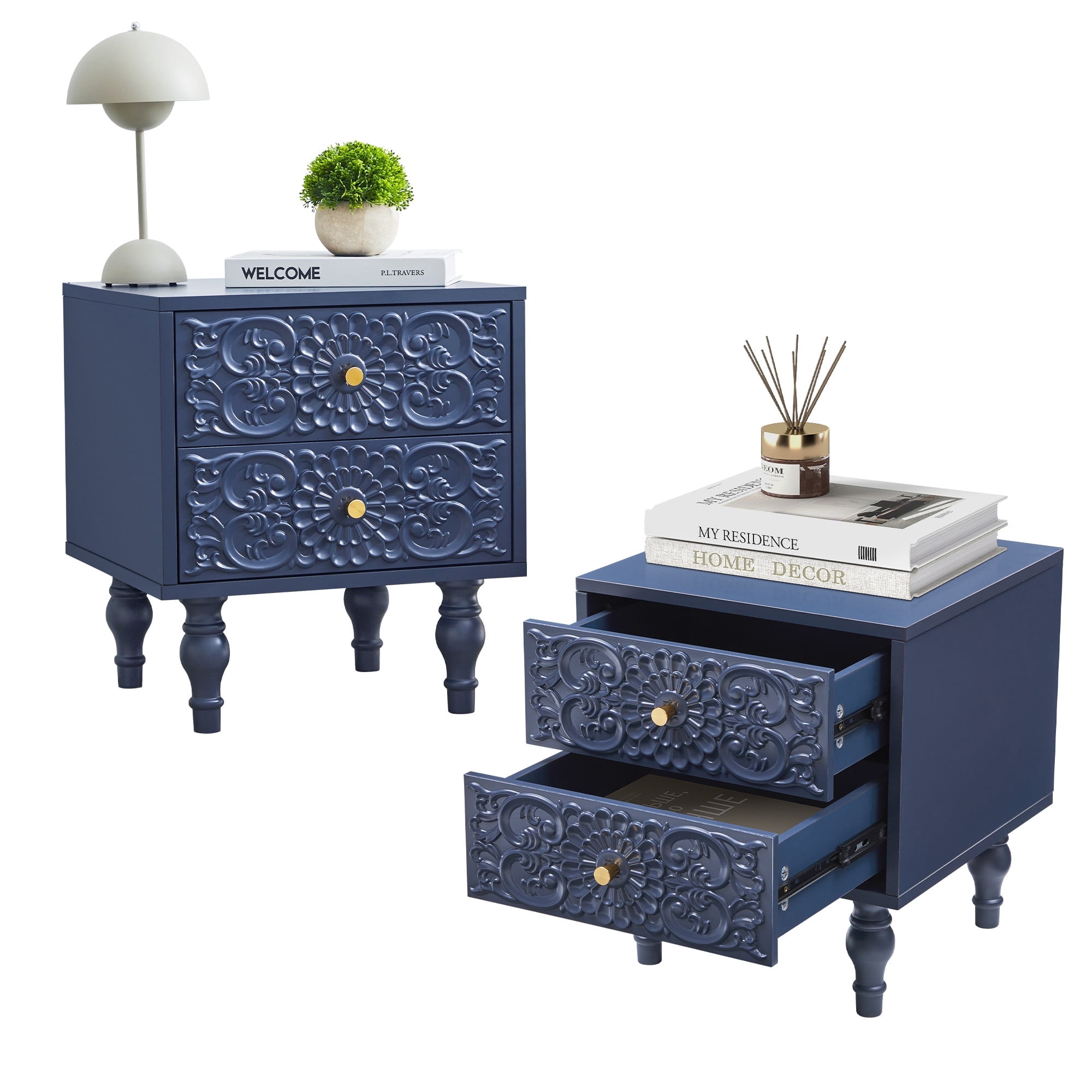 Wirrytor Vintage Short Nightstand Set of 2 with 2 Drawers, Bedside Table 2 Drawer Dresser with Embossed Pattern, Storage End Table with Wooden Legs for Bedroom & Living Room,Blue