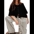 thumbnail image 3 of Suéter Corto con Botones Y2K para Mujer, Cárdigan de Color Liso con Cuello Redondo y Mangas , Top de Punto, Ropa de Calle. Negro L, 3 of 6