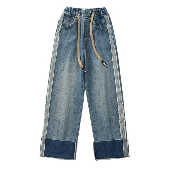 Baggy Jeans for Teen Girls Wide Leg Jeans Kids Y2𝐊 Elastic Waist Straight Leg 𝐁oyfriend Jeans Roll up Hem Denim Pants