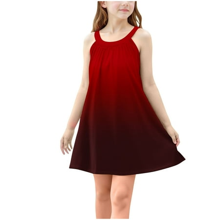 Baby Toddler Girl Dress New Girls Gradient Tank Dress Summer Sleeveless Flowy Beach Dresses A-Line Smocked Midi Sundress Red 5 Years