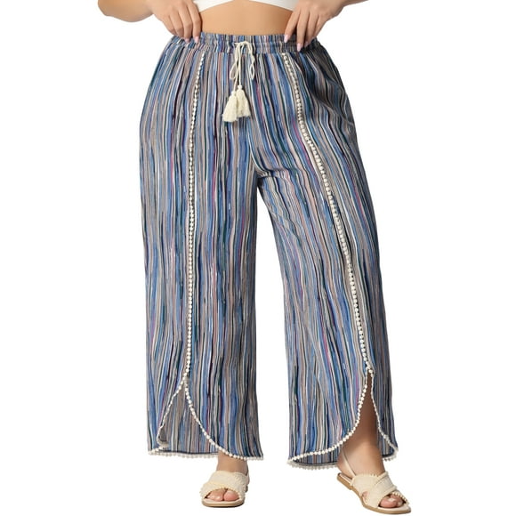Pantalones de Talla Grande para Mujeres con Cintura Elástica Dividida, Pantalones Anchos de Rayas Fluidas 1X Azul