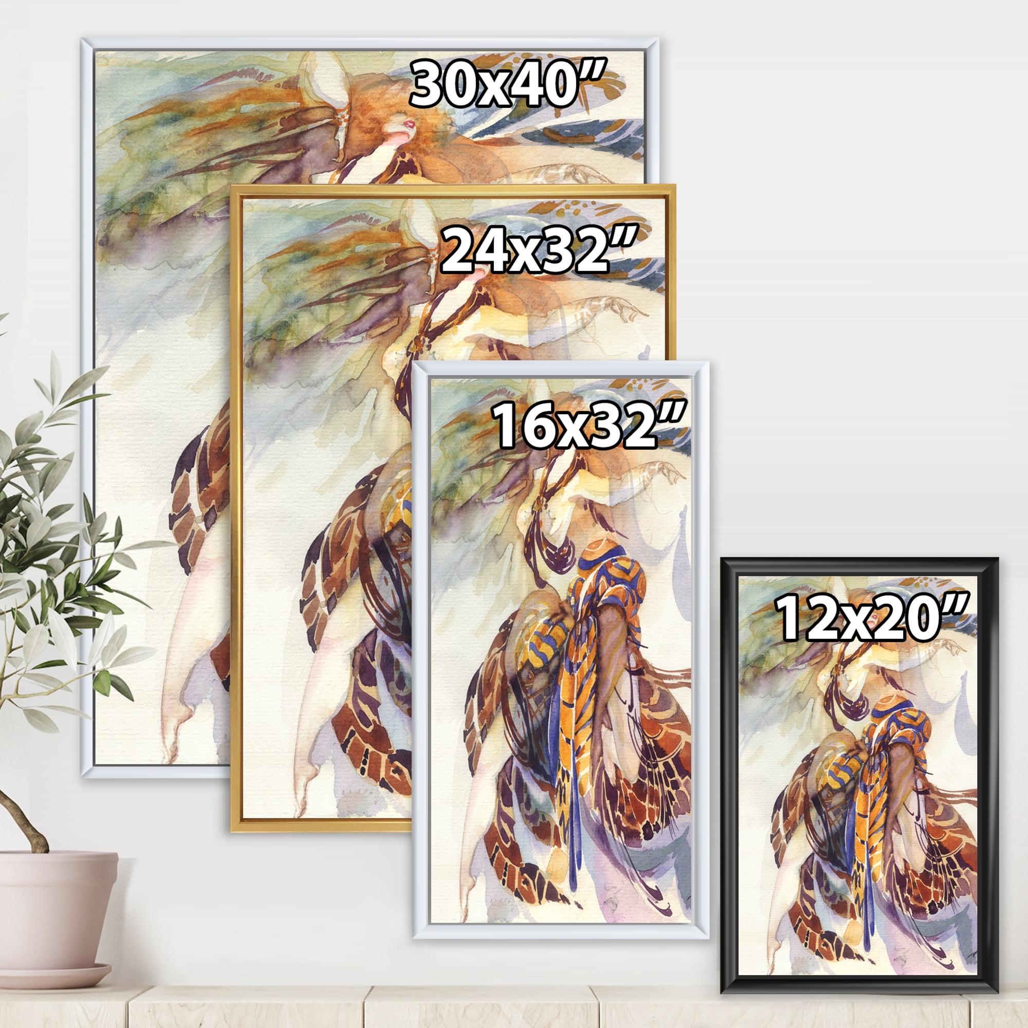 Allegory of Paradise Bird Woman Portrait 30 in x 40 in Framed Painting Canvas Art Print, by Designart