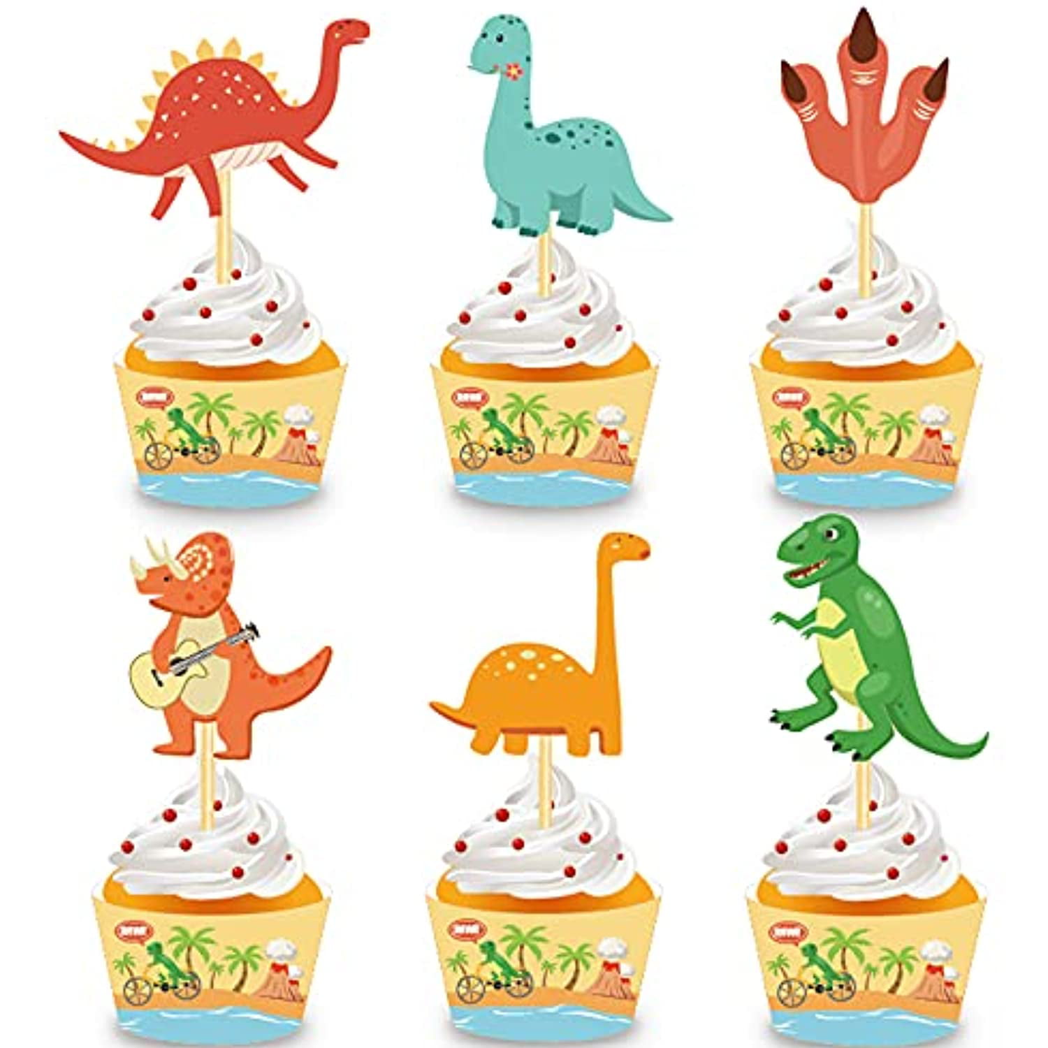 24x Dinosaur Cupcake Wrappers Toppers Child Birthday Party Supply Cake Decor New 