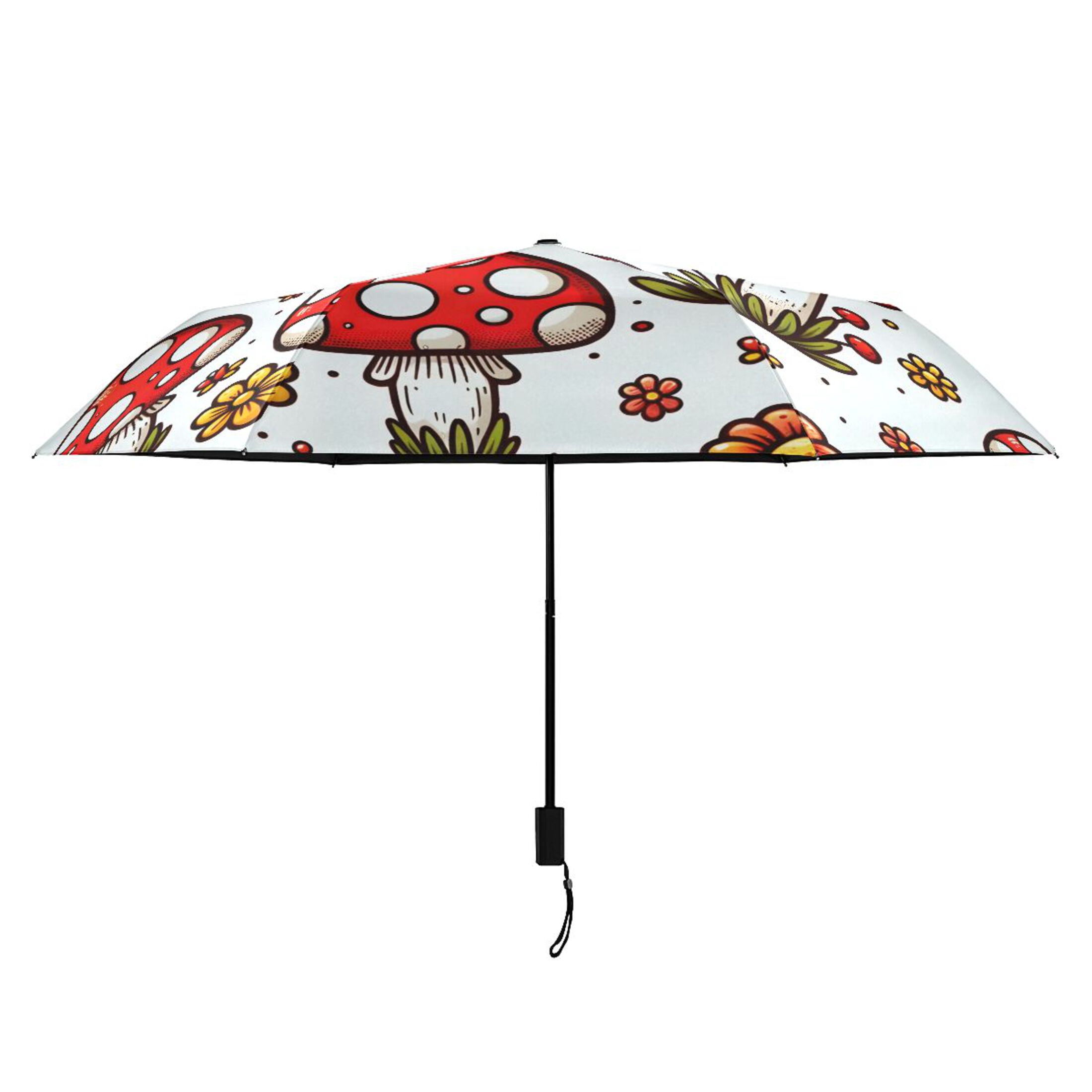Cute Mushroom and Flowers Compact Sun Umbrella Windproof Travel Umbrellas for Rain Strong Portable UV Protection