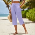 thumbnail image 6 of ClodeEU Women's Linen Blend Elastic Waist Button Cropped Pants,Loose Fit Straight Leg Casual Capris Pant Purple,Womens Plus M, 6 of 7