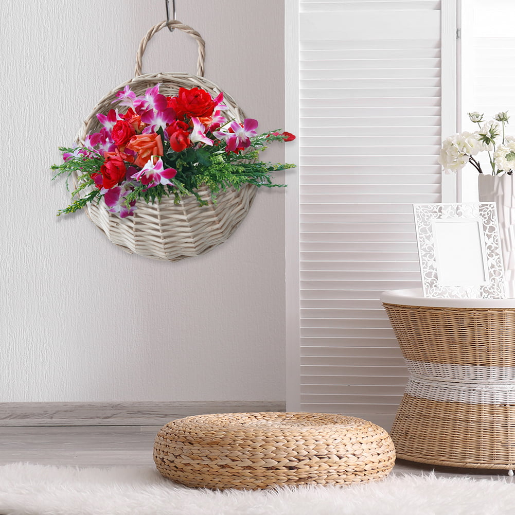 Natural Wicker Artificial Flowers Wall Mounted Basket hanging plant pots Vase H 
