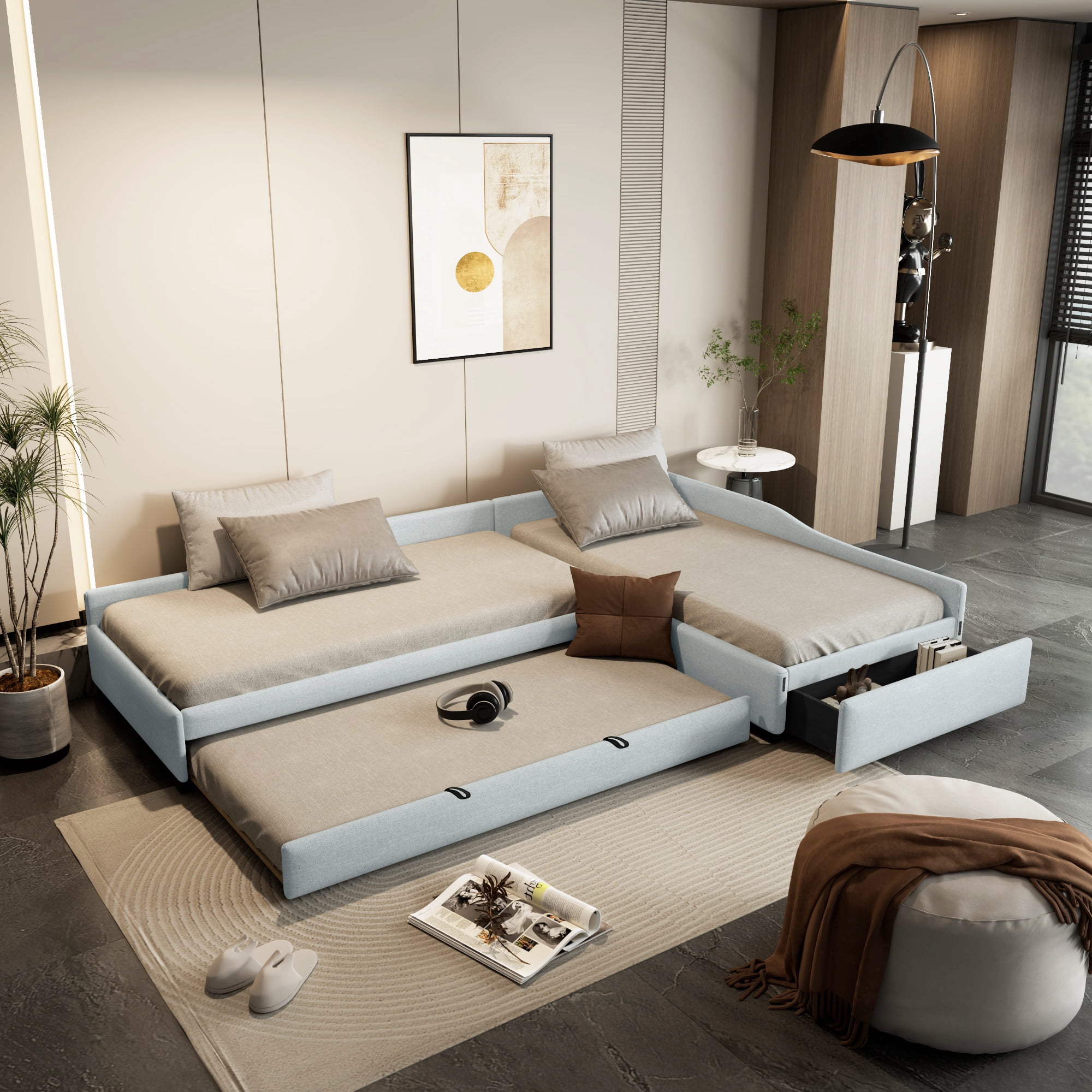 Euroco Modern Upholstered L-Shaped Twin Daybed with Drawer and Trundle, Three Beds in One for Kids, Beige