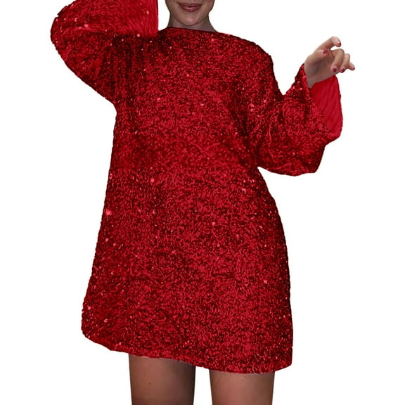 Wdgfv Women's Sequin Bodycon Dress Fall Winter Velvet Warm Long Sleeve Crew Neck Sexy Backless Glitter Slit Mini Dress RD2 S