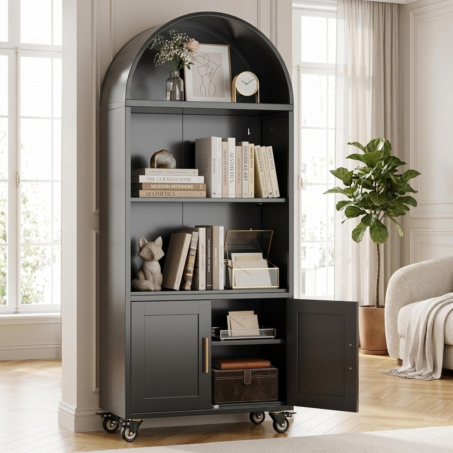 Metal Arched Bookcase with Doors and Wheels, Black Cabinet | 72.3 in black metal bookshelf with lockable wheels, open display shelves, lower doors, and adjustable storage