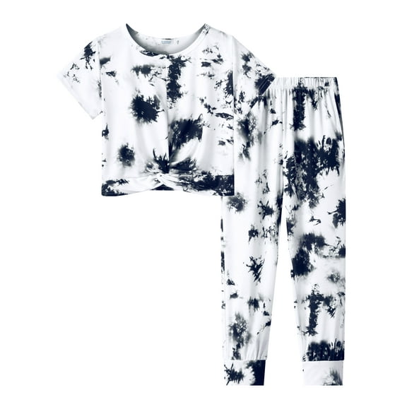 Oudiya Girl's Summer Clothing Set Short Sleeve Crop Top and Sweatpants Dance Clothes Gift with Fashion Black & White for 10-11Y