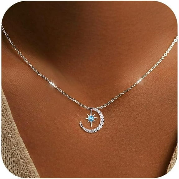 Leander Crescent Moon Blue Star Necklace for Women 925 Sterling Silver Dainty Cubic Zirconia Pendant Necklace Trendy Choker Necklace Back to School Jewelry Birthday Christmas Gifts