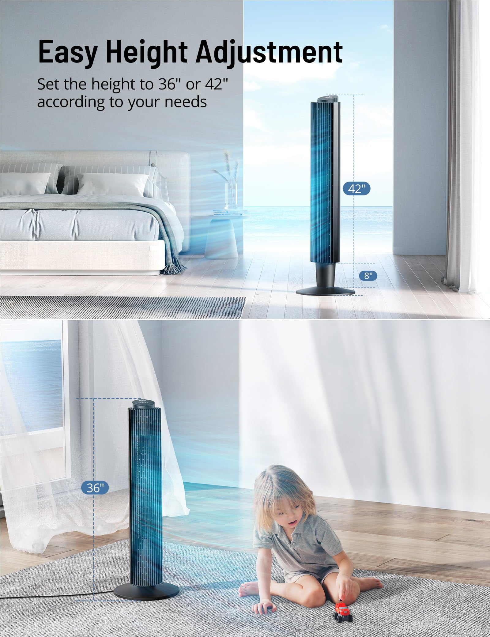 TaoTronics Tower Fan, 42'' 90° Oscillating Quiet Standing Bladeless Fans with Remote, 25 ft/s Velocity, Height Adjustable, 5 Speeds 3 Modes, 12H Timer, Floor Fans for Bedroom, Home, Room