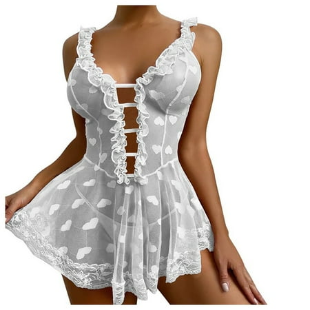 

zuwimk Lingerie For Women Plus Size Lace Chemise Negligees Exotic Nightgowns Halter Nighties Sheer Mesh Nightwear White XL