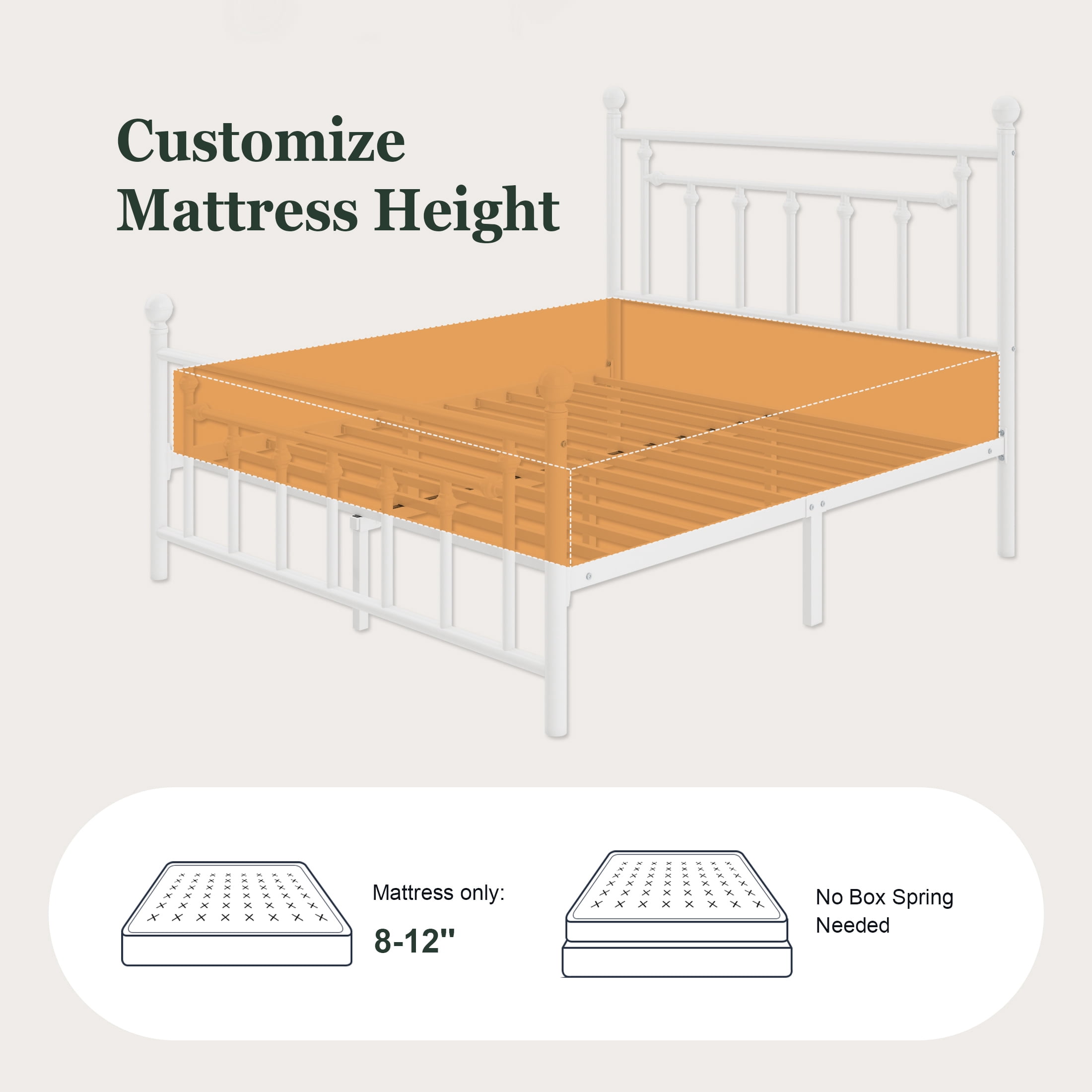 Amolife Full Bed Frame, Metal Platform Bed Frame with Vintage Pattern Headboard, White