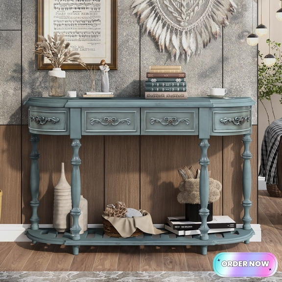 Tcbosik Console Table with Storage, Half Moon Shaped Accent Table with Shelf and 4 Drawers, Behind Couch Table for Living Room, Hallway, Entryway, Antique Blue