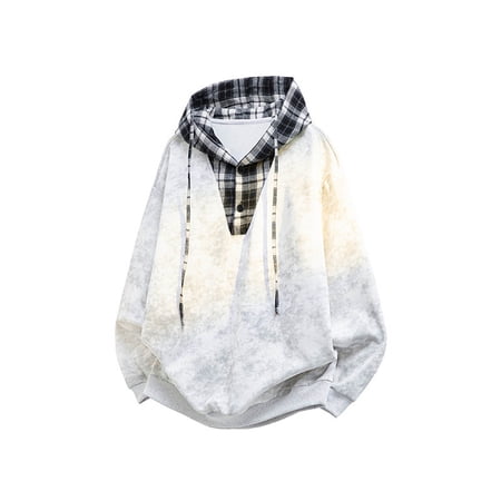 Big & Tall Men s Faux Two Piece Pullover Hoodie Plaid Hooded Sweatshirt Vintage Acid Wash Long Sleeve Loose Fit Drawstring for Fall Streetwear White 5XL