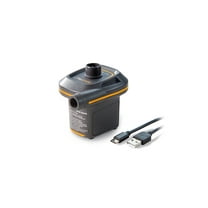 Intex Mini USB Powered Air Pump with 3 Nozzles for Inflatables, Air Mattress Beds, Toys, Watersports - Small Black with Orange Accents, 4.25" x 4.25" x 3"