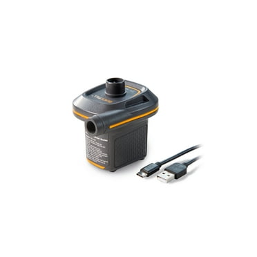 Intex Mini USB Powered Air Pump with 3 Nozzles for Inflatables, Air Mattress Beds, Toys, Watersports - Small Black with Orange Accents, 4.25" x 4.25" x 3"