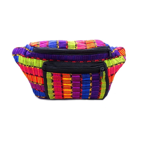 Large Thick Multicolored Woven Cotton Striped Pattern Fanny Pack Waist Bag - Handmade Adjustable Belt Pouch Boho Accessories