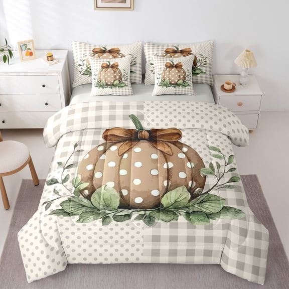 jejeloiu Autumn Harvest Pumpkin Twin Bedding Sets 7-Piece,Brown Bowtie Bowknot Bedding Comforter Set,Geometruc Dot Plaid Sheet Sets,Super Cozy Room Decor Reversible
