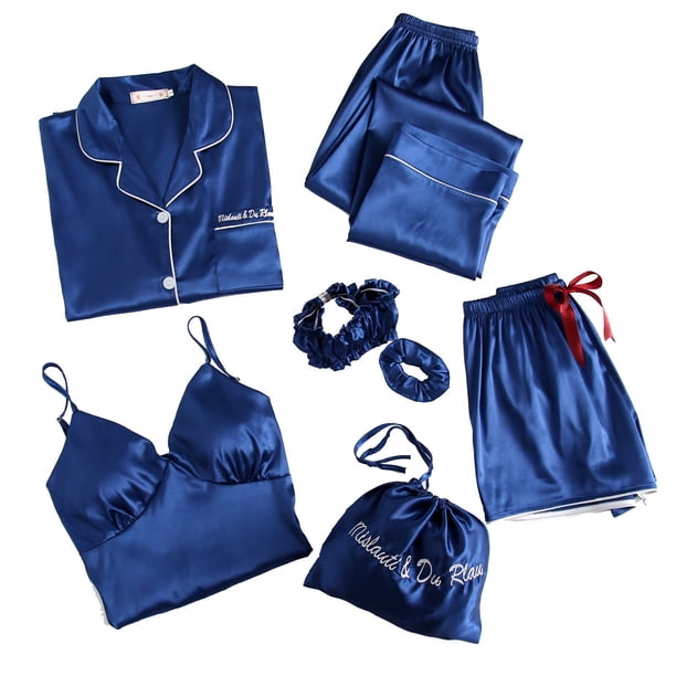 Conjunto de ropa de estar por casa de 7 piezas para mujer con pantalones cortos de manga larga y tirantes - Pijama de poliéster de color liso con bolsa de almacenamiento y accesorios