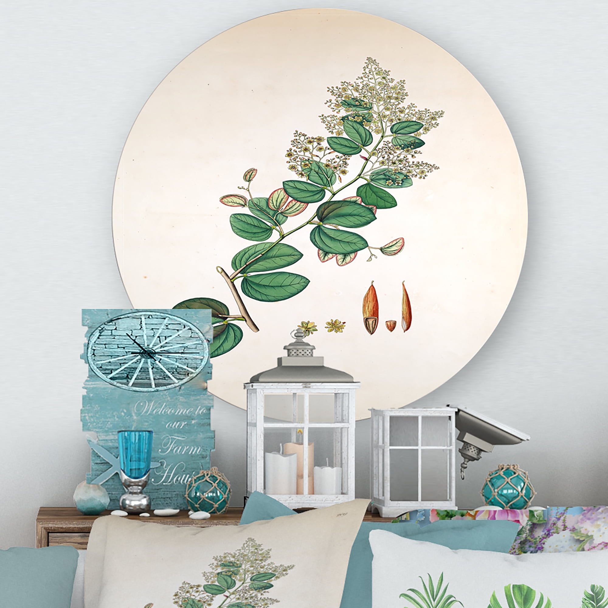 Designart 'Ancient Botanicals XIII' Farmhouse Circle Metal Wall Art 11x11 - Disc of 11