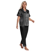 DAKIMOE Silk Satin Pajamas Set for Women Two-Piece Short Sleeve Shirt with Long Pajama Pant Set Soft Button Down Loungewear Nightwear Pjs Sleepwear for Women