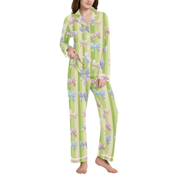 joogoo Pajamas Set for Women Striped Bows Long Sleeve Pjs Loungewear L
