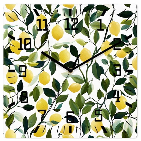 Summer Lemon Wooden Wall Clock Silent Non Ticking, Yellow Fruits Pastoral Green Botanical Square Wall Clocks Battery Operated, Decor Clock for Home Office, Living Room, Kitchen, 12 Inch