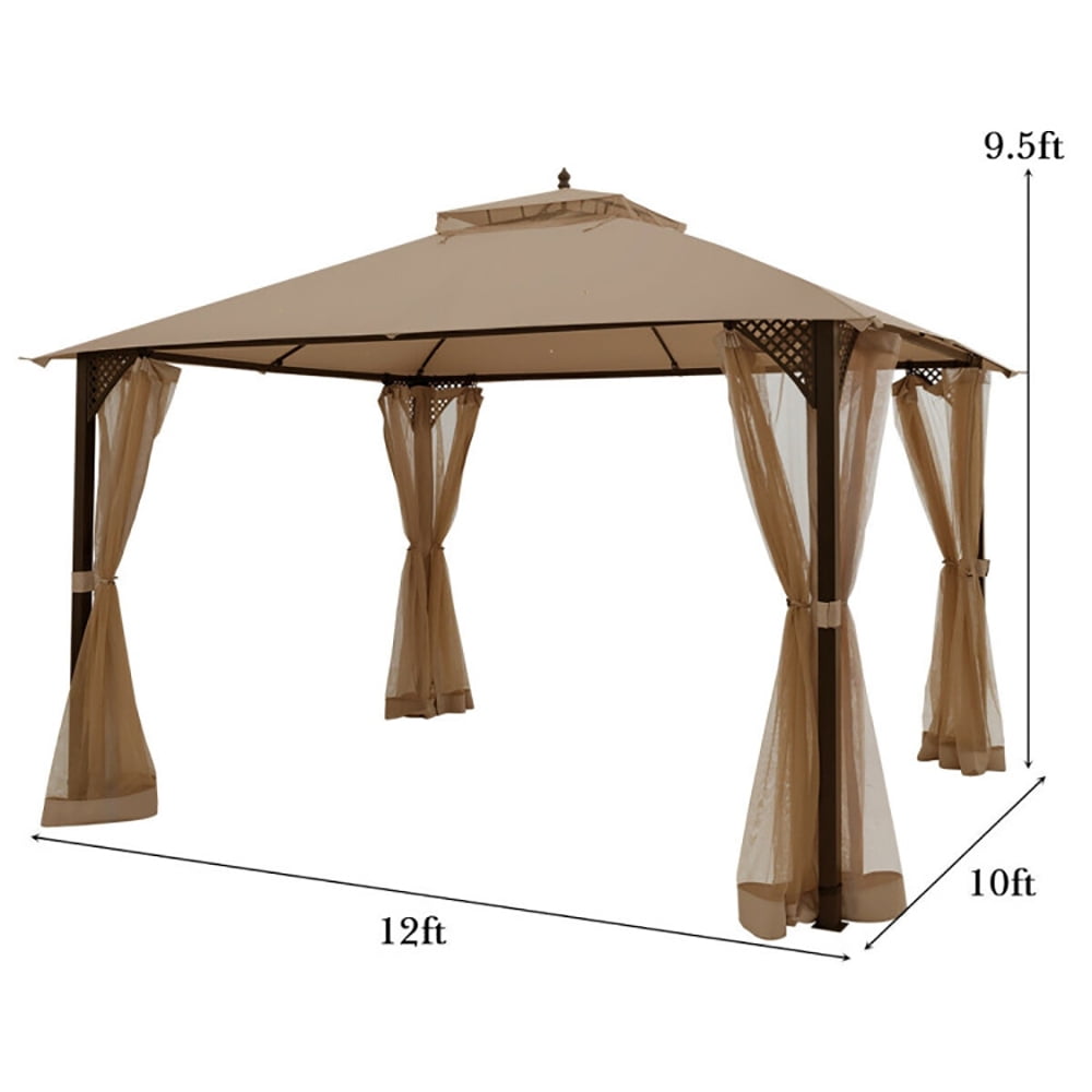 Aimee Lii 12 x 10 Feet Outdoor Double Top Patio Gazebo with Netting, Backyard Canopy Gazebo, Brown