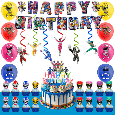 Power Rangers Birthday Party Supplies,33Pcs Power Rangers Party Decorations Set- Power Rangers Birthday Decorations Banners Tablecloth & Balloons Cake Topper etc Power Rangers Party Supplies