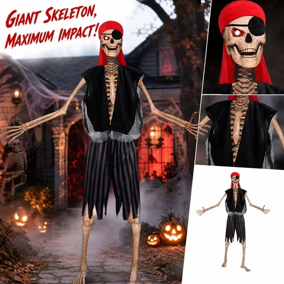 Large Poseable Skeleton Halloween Decor, Featuring Red Bandana Pirate Theme with Light-Up Eyes, 12-Foot Tall Articulated Outdoor Halloween Decoration for Yard Display and Front