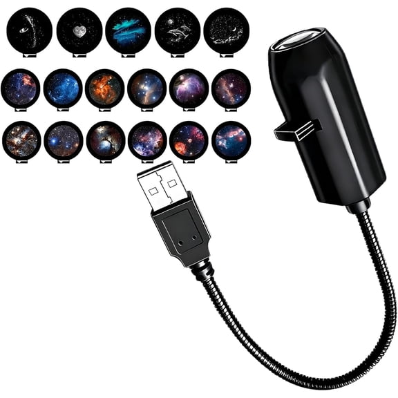 Plug and Play Star Projector Night Light HD Glass Lens, 360 Flexible Neck, USB Powered, Interchangeable Theme Discs, Portable Galaxy Lamp for Bedroom, Home Theater, Car, or Travel (17 Slides)