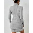 thumbnail image 6 of Women'S Rib Knit Ruched Long Sleeve Short Bodycon Dresses High Neck Slim Fit High Waist Sweater Dress Light Gray S, 6 of 7