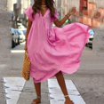 thumbnail image 2 of B91xZ Robe de Plage Femmes Casual Manches Courtes V Point Plissé une Ligne Robes Fluides, Rose XXL, 2 of 5