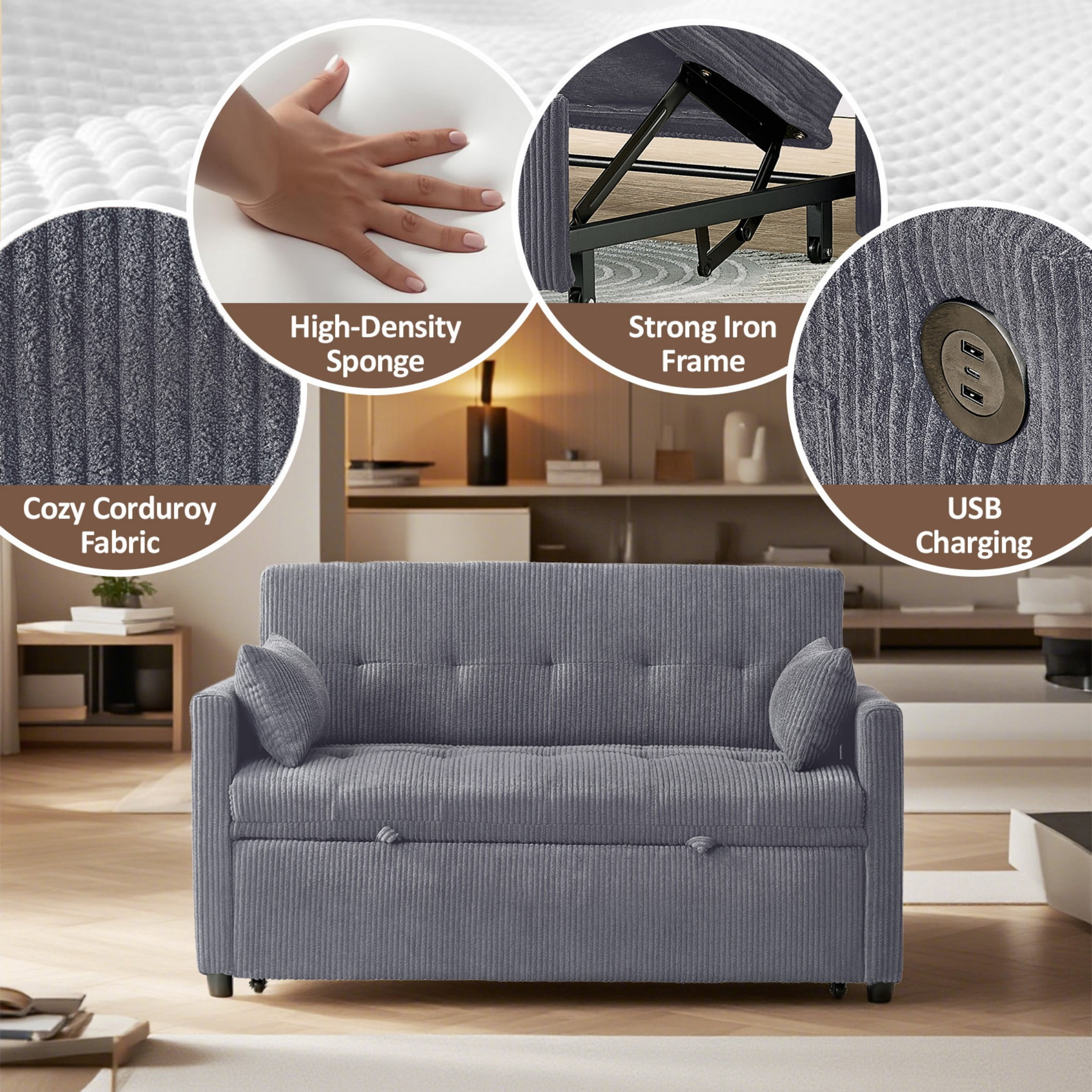 Loveseat Sleeper Sofa,Convertible Sofa Bed,3-in-1 Modern Couch with Pull Out Bed,Sofa Bed with Pockets and USB for Small Spaces,Grey