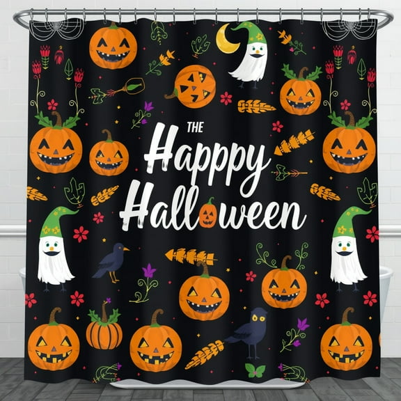 Whimsical Black Halloween Shower Curtain with Colorful Characters & "THE Happy Halloween" Inscription