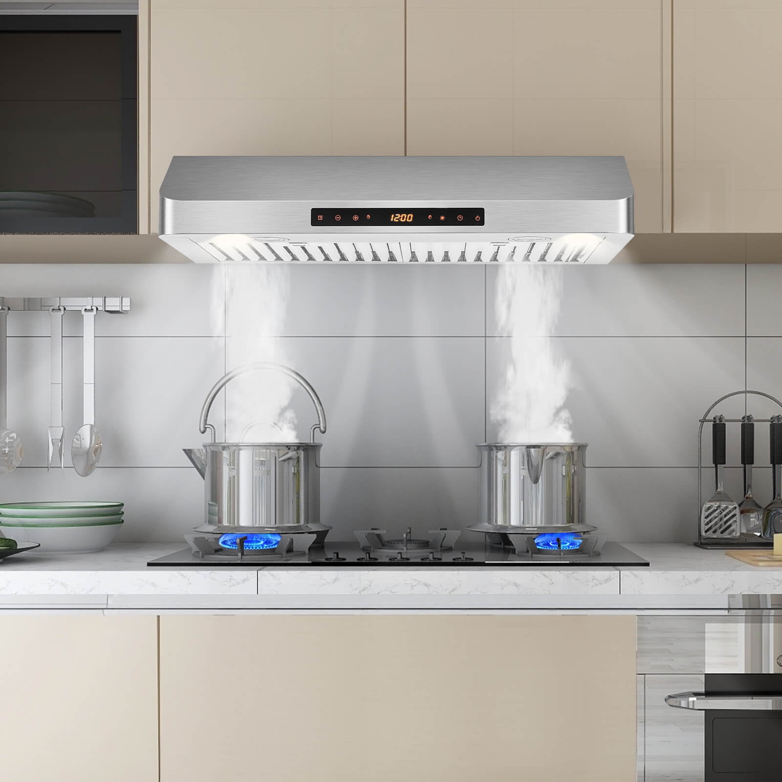 Costway 30" Under Cabinet Range Hood with 4 Fan Speed Adjustable LED Lights Time Setting Silver
