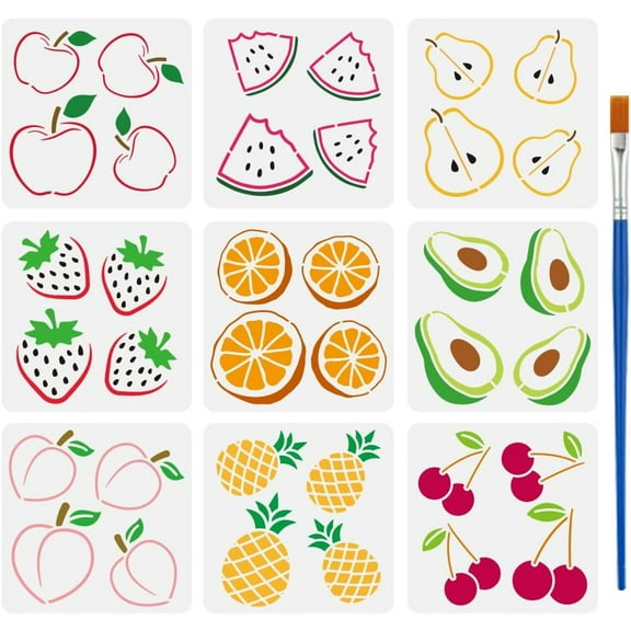 9 Pcs Fruit Painting Stencil with Brush 5.9x5.9inch Watermelon Pear Strawberry Orange Drawing Template Avocado Peach Pineapple Cherry Stencil