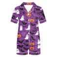 thumbnail image 5 of Women's Halloween 2PC Pajamas Set Short Sleeve Lapel Button Down Shirt And Shorts Lounge Set Print Homewear with Pockets Purple-2 M, 5 of 8