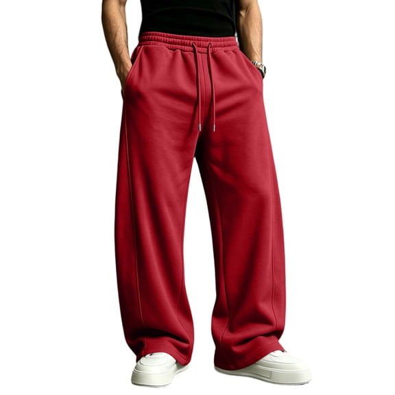 Men's Solid Color Wide Leg Sweatpants Elastic Drawstring Waist Loose Straight Leg Casual Streetwear Workout Trousers with Pockets