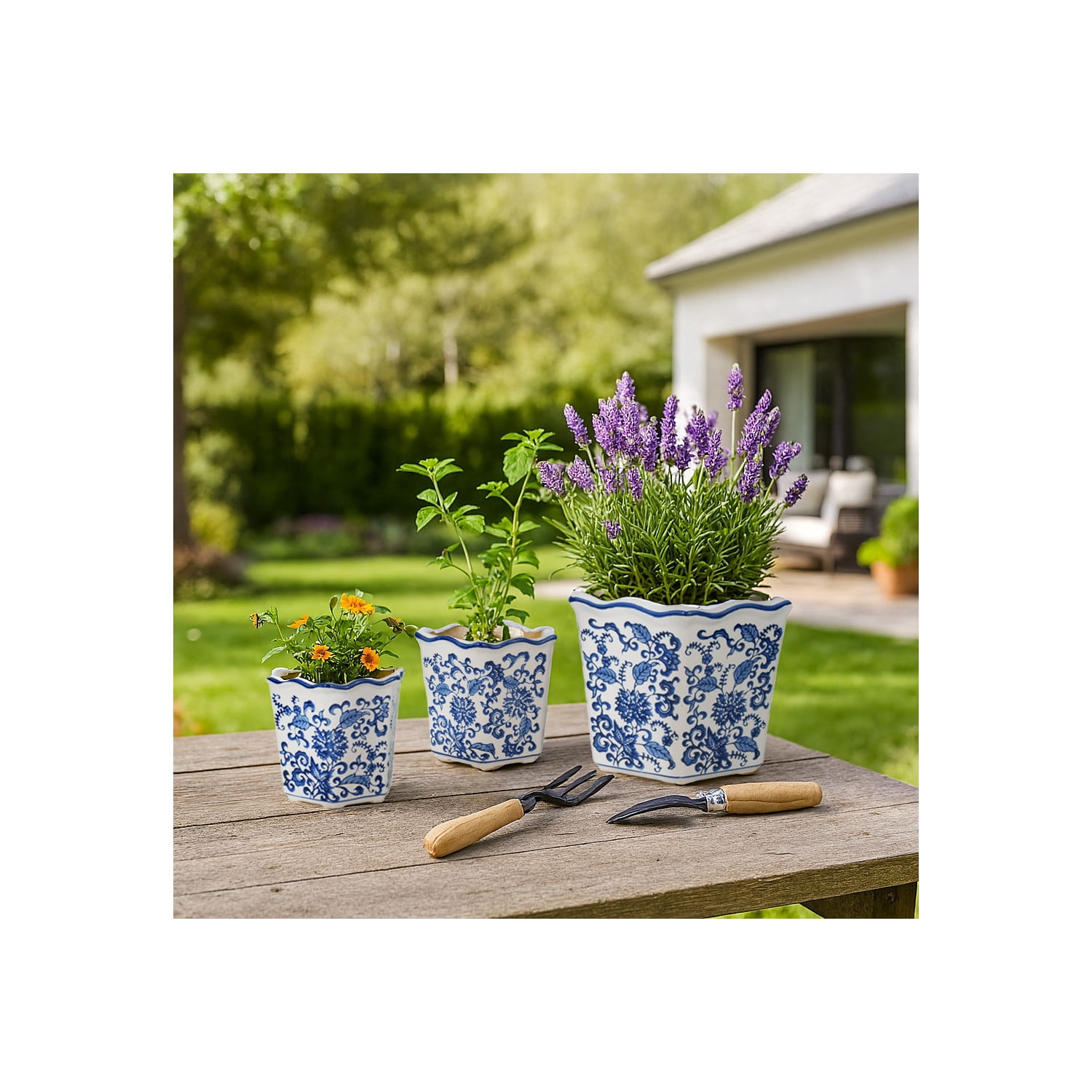 Chinoiserie Flower Pots for Home Decor - Stoneware Ceramic Bowls with Floral Design for Planters for Indoor and Outdoor Plants - Pots For Plants Accent for Garden - Set of 3, 9", 8", 7", Blue & White