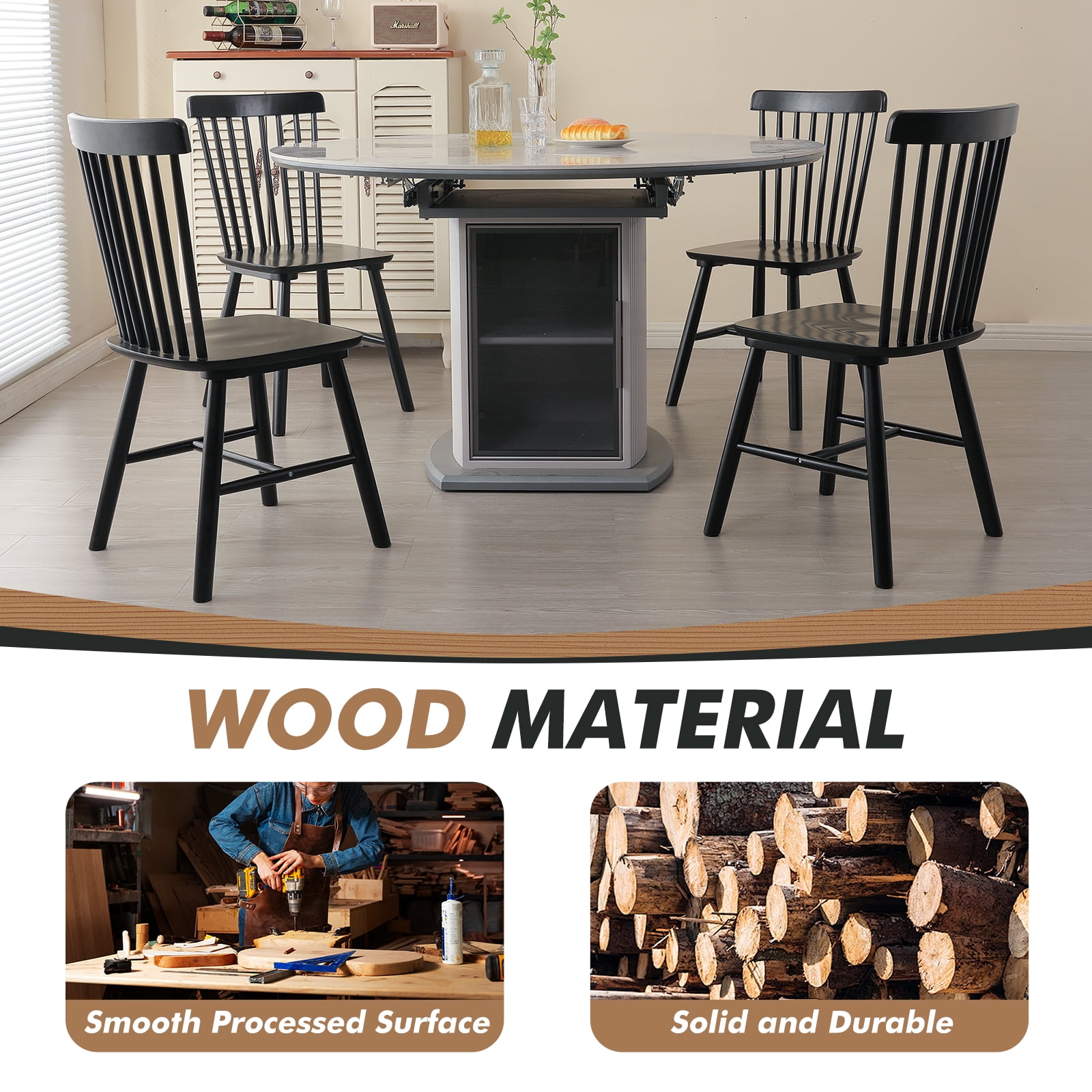ClinQ Wooden Windsor Dining Chair Set of 4, Spindle Back, Armless, Farmhouse Kitchen and Dining Room Seating, Black