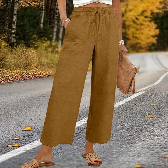 Kelon Women's Casual Pants, Women Linen Cropped Pants Summer Elastic High Waisted Linen Capri Pants Casual Loose Cropped Pant with Pockets, XL