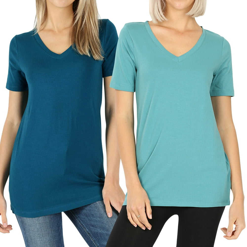 Thelovely Women And Plus Size Cotton V Neck Short Sleeve Casual Basic Tee Shirts 2pk Teal